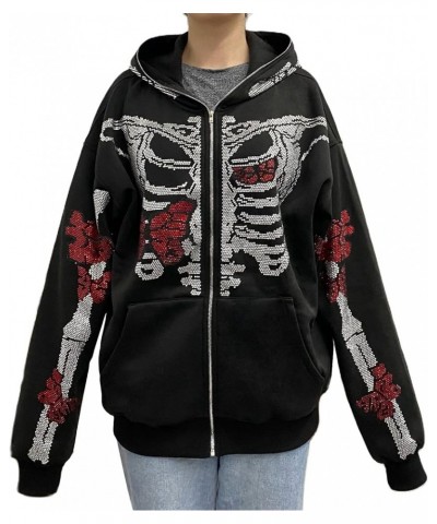 Y2k Zip Up Hoodie for Women Oversized Skull Skeleton Hooded Sweatshirt Aesthetic Graphic Casual Jacket Streetwear R Rhineston...