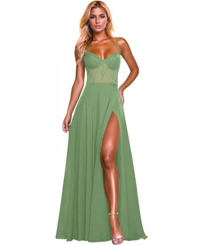 Prom Dresses Long for Women with Slit Chiffon A-Line Corset Spaghetti Straps Formal Evening Gown Sage Green $35.25 Dresses