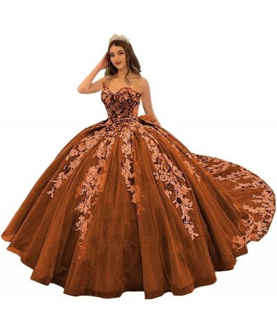 Gorgeous Strapless Beaded Quinceanera Dresses Ball Gown Puffy Lace Prom Dresses with Train Floral Sweet 15 16 Dresses Burnt O...