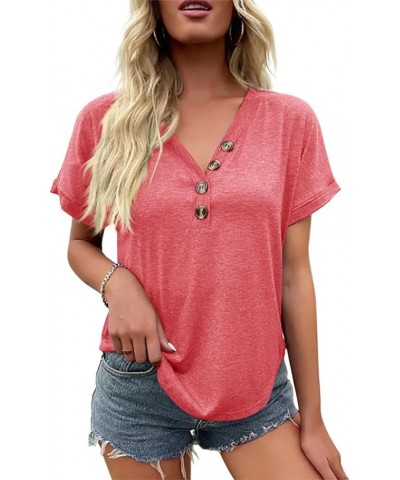 Womens Tops V-Neck Button Casual Tunic Short Sleeve Tees Blouse Henley T Shirt Pink $13.99 Tops