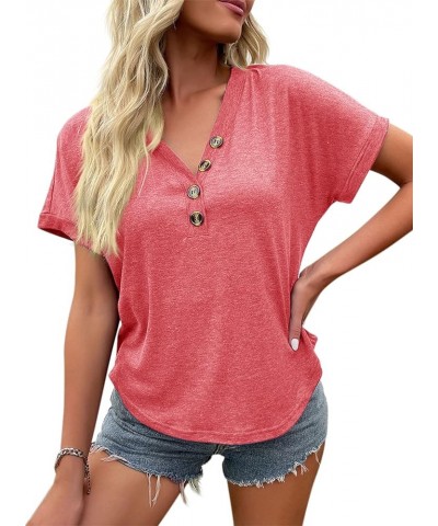 Womens Tops V-Neck Button Casual Tunic Short Sleeve Tees Blouse Henley T Shirt Pink $13.99 Tops