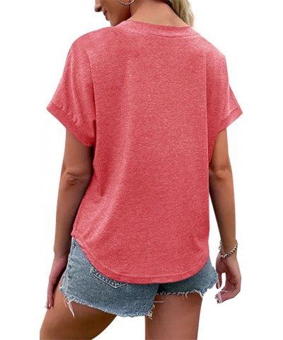 Womens Tops V-Neck Button Casual Tunic Short Sleeve Tees Blouse Henley T Shirt Pink $13.99 Tops