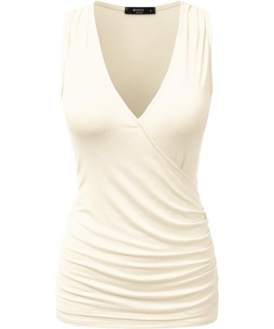 Sleeveless Satin Ruched Hem Tank Tops Deep V Neck Tops Casual Basic Wrap Style T Shirts for Womens with Plus Size Ivory $11.0...