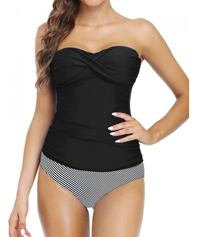 Strapless Tankini Bathing Suits for Women Ruched Tummy Control Swimwear Halter Two Piece Swimsuit Black Stripe $17.81 Swimsuits