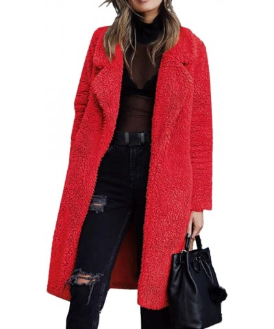 Women's Fuzzy Fleece Lapel Open Front Long Cardigan Coat Faux Fur Warm Winter Outwear Jackets Red $25.80 Coats