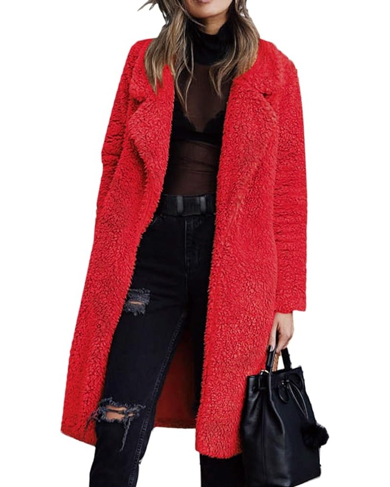 Women's Fuzzy Fleece Lapel Open Front Long Cardigan Coat Faux Fur Warm Winter Outwear Jackets Red $25.80 Coats