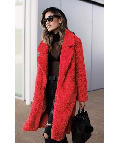 Women's Fuzzy Fleece Lapel Open Front Long Cardigan Coat Faux Fur Warm Winter Outwear Jackets Red $25.80 Coats