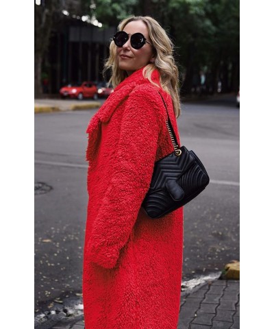 Women's Fuzzy Fleece Lapel Open Front Long Cardigan Coat Faux Fur Warm Winter Outwear Jackets Red $25.80 Coats