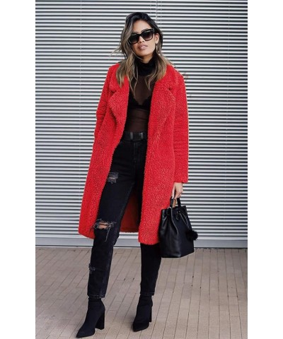 Women's Fuzzy Fleece Lapel Open Front Long Cardigan Coat Faux Fur Warm Winter Outwear Jackets Red $25.80 Coats