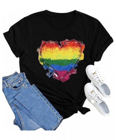 Pride Shirts Womens LGBT Gay Pride Tshirt Rainbow Heart Tee Tops Black $10.59 T-Shirts