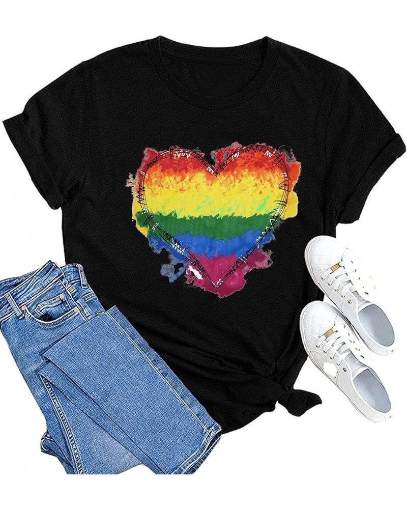 Pride Shirts Womens LGBT Gay Pride Tshirt Rainbow Heart Tee Tops Black $10.59 T-Shirts