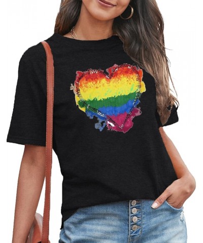 Pride Shirts Womens LGBT Gay Pride Tshirt Rainbow Heart Tee Tops Black $10.59 T-Shirts