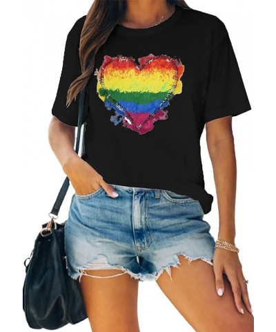 Pride Shirts Womens LGBT Gay Pride Tshirt Rainbow Heart Tee Tops Black $10.59 T-Shirts