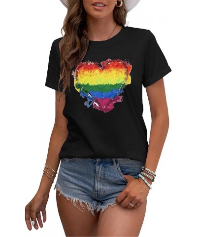 Pride Shirts Womens LGBT Gay Pride Tshirt Rainbow Heart Tee Tops Black $10.59 T-Shirts