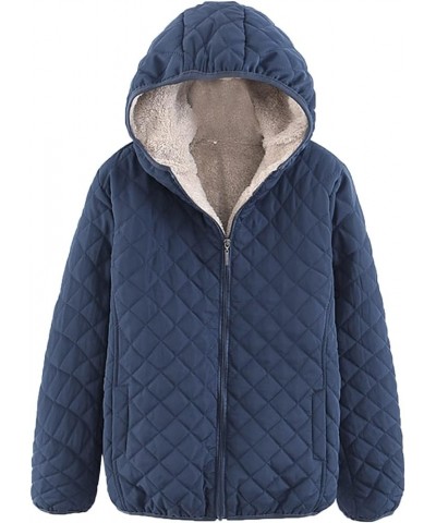 Puffer Jacket Women Winter Women's Diamond Quilted Jacket Sherpa Lined Warm Cotton Jacket with Hood Winter Coat Navy $12.22 J...