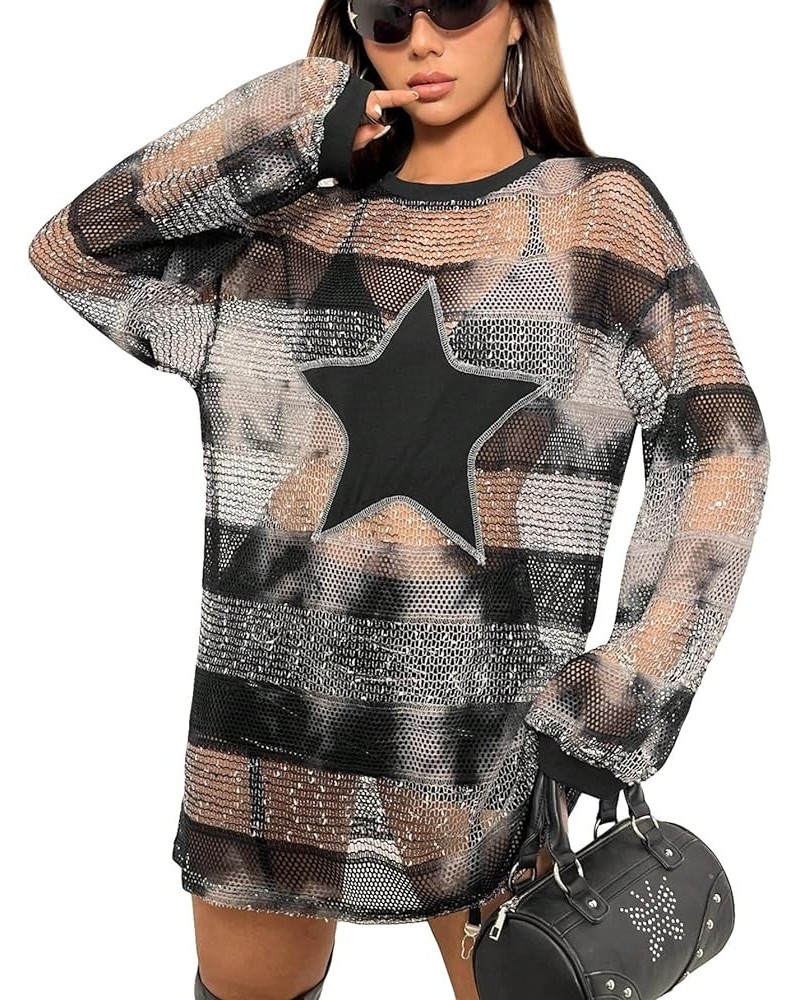 Women's Sheer Mesh Geo Striped Crewneck Long Sleeve Hippie Tunic Mini Dress Black $16.19 Dresses