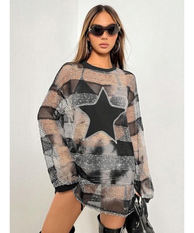 Women's Sheer Mesh Geo Striped Crewneck Long Sleeve Hippie Tunic Mini Dress Black $16.19 Dresses