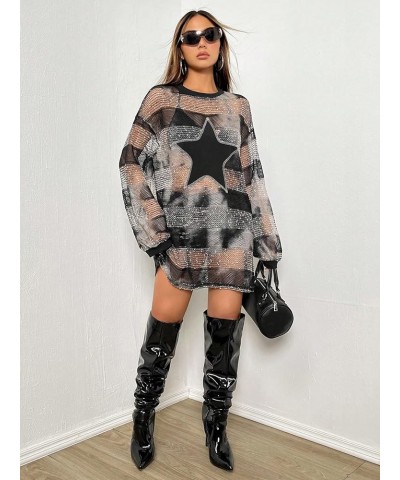 Women's Sheer Mesh Geo Striped Crewneck Long Sleeve Hippie Tunic Mini Dress Black $16.19 Dresses