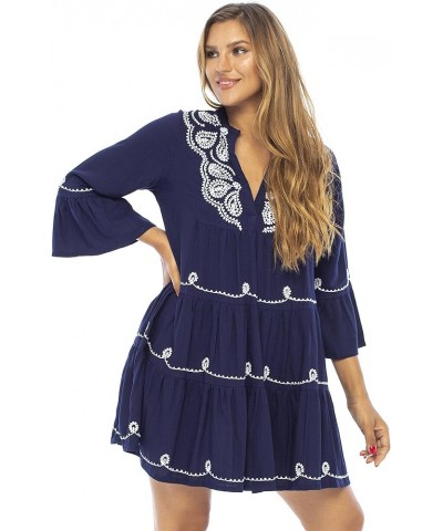 Womens Short Sundress Flowy Boho Beach Dress with Embroidered V Neck, Casual Sexy Summer Party Dress Navy $20.23 Dresses