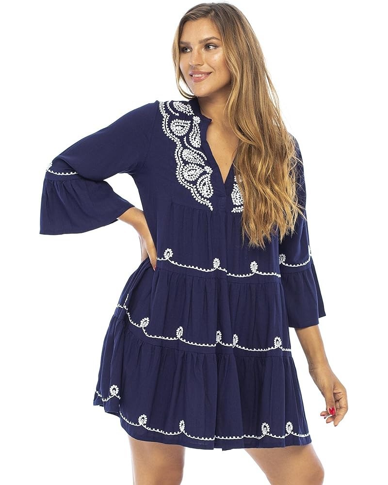 Womens Short Sundress Flowy Boho Beach Dress with Embroidered V Neck, Casual Sexy Summer Party Dress Navy $20.23 Dresses