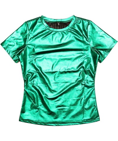 Women's Party Metallic Textured Short Sleeve Shiny Multicolor Top Shiny Green $19.46 Blouses