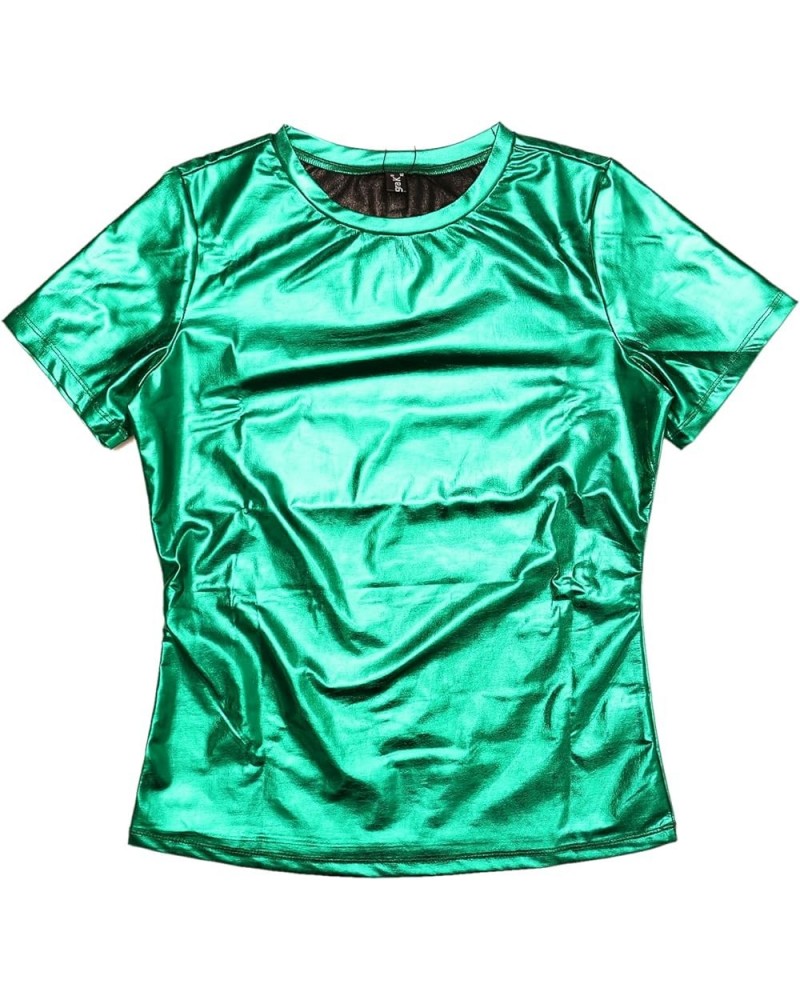 Women's Party Metallic Textured Short Sleeve Shiny Multicolor Top Shiny Green $19.46 Blouses