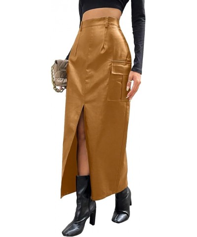 Women's PU Leather High Waist Cargo Skirt Split Thigh Flap Pocket Outgoing Long Skirts Pure Yellow $25.49 Skirts