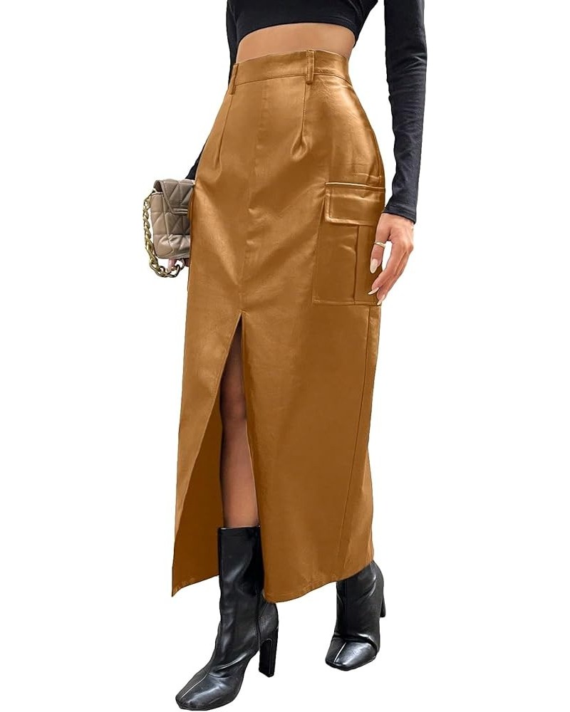 Women's PU Leather High Waist Cargo Skirt Split Thigh Flap Pocket Outgoing Long Skirts Pure Yellow $25.49 Skirts