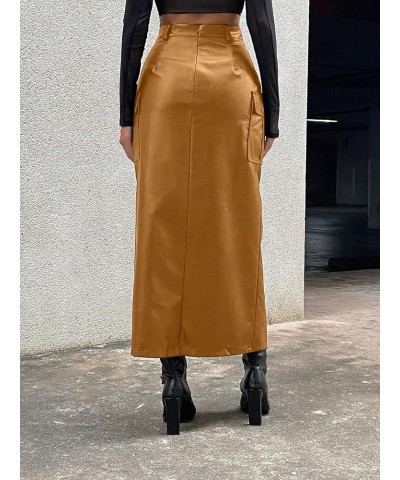 Women's PU Leather High Waist Cargo Skirt Split Thigh Flap Pocket Outgoing Long Skirts Pure Yellow $25.49 Skirts