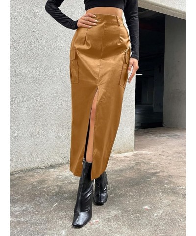 Women's PU Leather High Waist Cargo Skirt Split Thigh Flap Pocket Outgoing Long Skirts Pure Yellow $25.49 Skirts