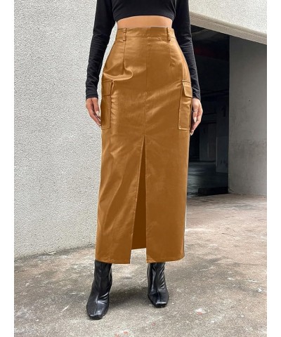 Women's PU Leather High Waist Cargo Skirt Split Thigh Flap Pocket Outgoing Long Skirts Pure Yellow $25.49 Skirts