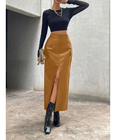 Women's PU Leather High Waist Cargo Skirt Split Thigh Flap Pocket Outgoing Long Skirts Pure Yellow $25.49 Skirts