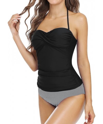 Strapless Tankini Bathing Suits for Women Ruched Tummy Control Swimwear Halter Two Piece Swimsuit Black Stripe $17.81 Swimsuits