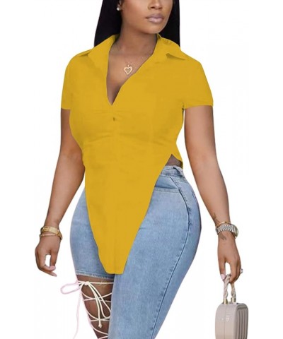 Women's Collar V Neck Button Front Short Sleeve Slit Hem Long Shirt Blouse Top Ginger $18.87 Blouses