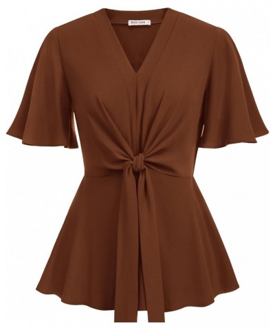 2024 Women's Elegant Peplum Tops V Neck Tie Front Long/Short Bell Sleeve Shirts Tops Blouse Brown $21.19 Blouses