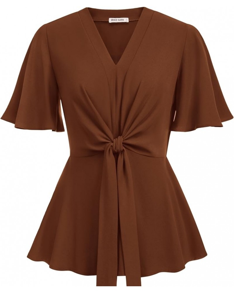 2024 Women's Elegant Peplum Tops V Neck Tie Front Long/Short Bell Sleeve Shirts Tops Blouse Brown $21.19 Blouses