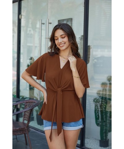 2024 Women's Elegant Peplum Tops V Neck Tie Front Long/Short Bell Sleeve Shirts Tops Blouse Brown $21.19 Blouses