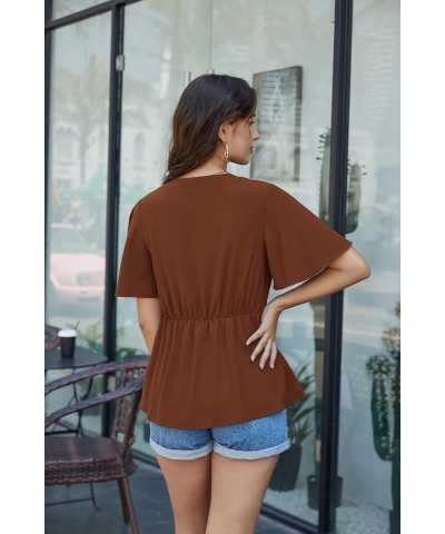 2024 Women's Elegant Peplum Tops V Neck Tie Front Long/Short Bell Sleeve Shirts Tops Blouse Brown $21.19 Blouses