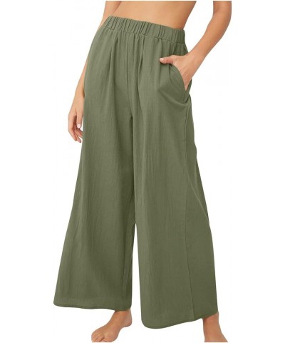 Wide Leg Palazzo Pants for Women Elastic Waist Lightweight Linen Pants with Pockets Casual Solid Lounge Trousers 4 Green $9.5...