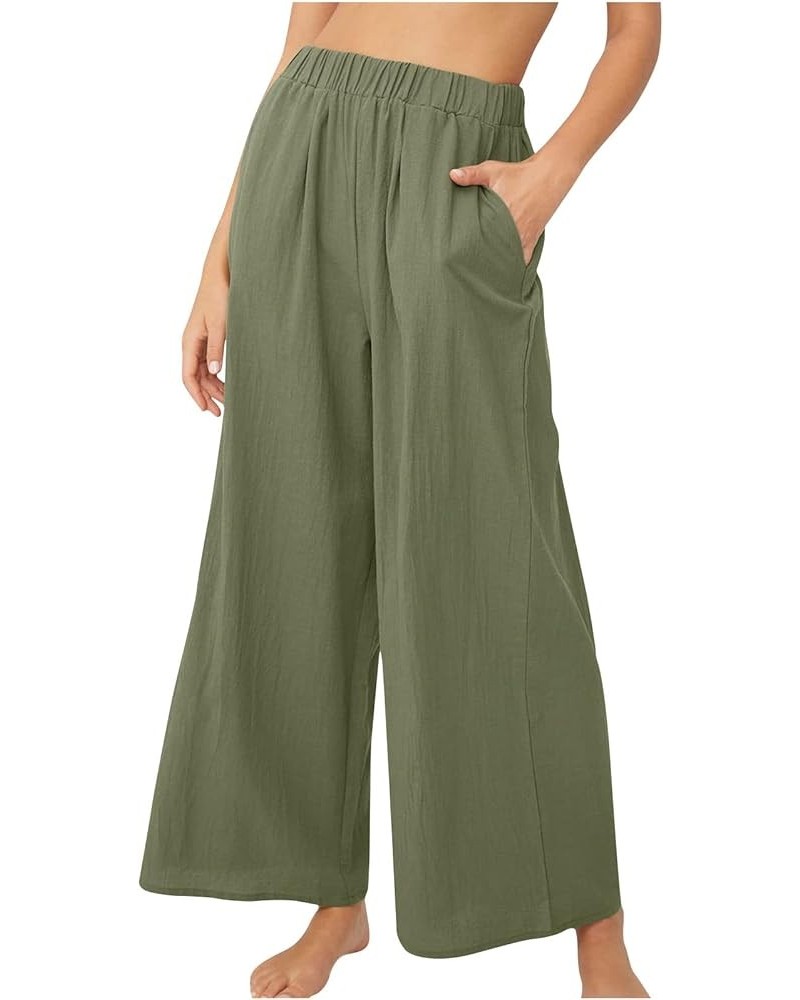 Wide Leg Palazzo Pants for Women Elastic Waist Lightweight Linen Pants with Pockets Casual Solid Lounge Trousers 4 Green $9.5...