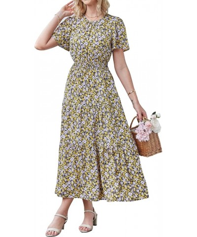 Women's Summer Casual Short Flutter Sleeve Round Neck Smocked Waist Tiered Boho Floral Flowy Maxi Dress Floral Black Yellow $...