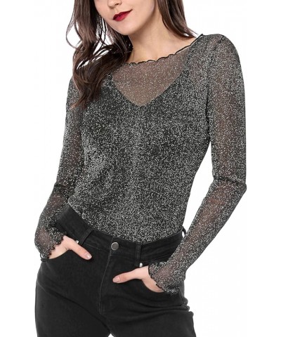 Women's Long Sleeve Mesh Tops Spaghetti Strap Camisole Party Christmas Shirt Black $20.99 Blouses