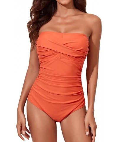 Tummy Control Swimwear Strapless One Piece Swimsuit Ruched Bathing Suits for Women Slimming Bandeau Tube Top Bikini Orange 2 ...