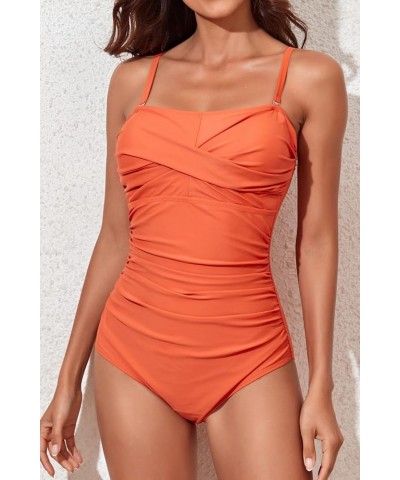 Tummy Control Swimwear Strapless One Piece Swimsuit Ruched Bathing Suits for Women Slimming Bandeau Tube Top Bikini Orange 2 ...