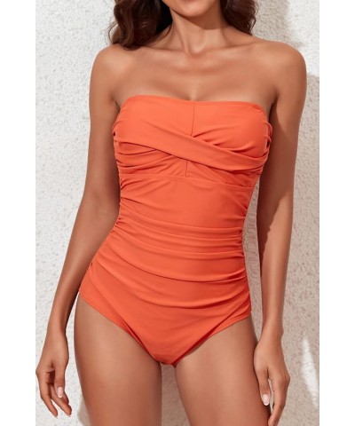 Tummy Control Swimwear Strapless One Piece Swimsuit Ruched Bathing Suits for Women Slimming Bandeau Tube Top Bikini Orange 2 ...