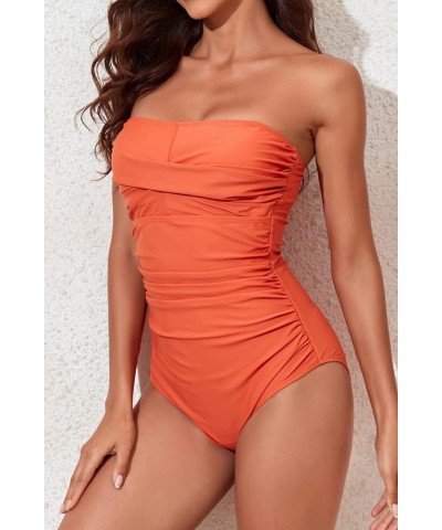 Tummy Control Swimwear Strapless One Piece Swimsuit Ruched Bathing Suits for Women Slimming Bandeau Tube Top Bikini Orange 2 ...