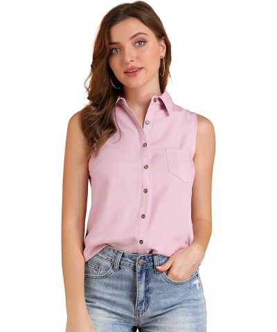 Women's Single Breasted Casual Office Sleeveless Shirt Pink $13.80 Blouses