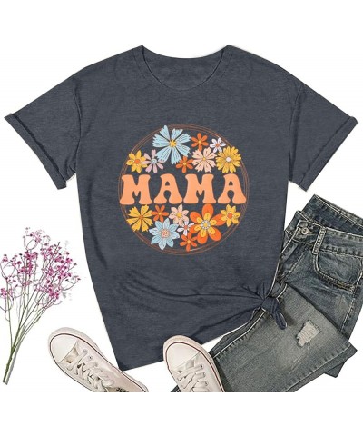 Mama Shirts for Women Mama Flowers Shirt Floral Mama Graphic T-Shirt Tee Short Sleeve Mom Tops Dark Grey $13.33 T-Shirts