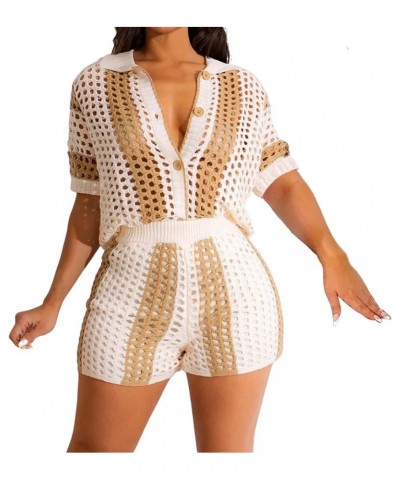 Women 2 Piece Outfits Knitted Shorts Set Beach Vacation Outfits Short Sleeve Shirt and Shorts Summer Sets Khaki $19.80 Jumpsuits