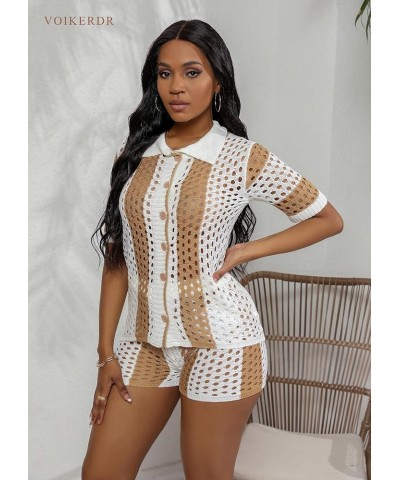 Women 2 Piece Outfits Knitted Shorts Set Beach Vacation Outfits Short Sleeve Shirt and Shorts Summer Sets Khaki $19.80 Jumpsuits